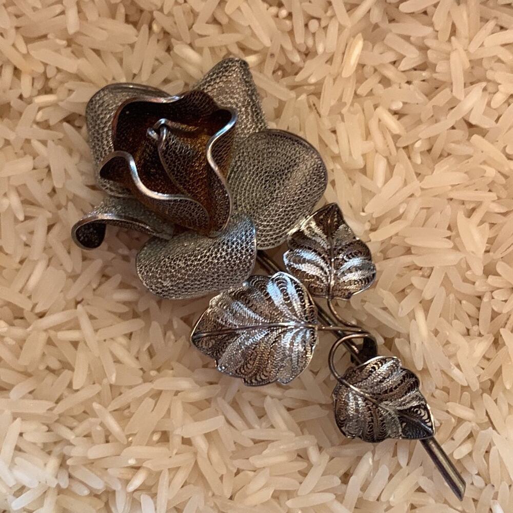 Vintage 800 Silver Rose Brooch Marked CB